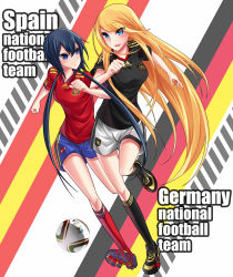  2010_fifa_world_cup 2girls adidas artist_request ball black_hair blonde_hair blue_eyes breasts character_request english_text german_flag germany height_difference highres jabulani long_hair medium_breasts multiple_girls purple_eyes running smile soccer soccer_ball soccer_uniform spain spanish_flag sportswear twintails very_long_hair world_cup 