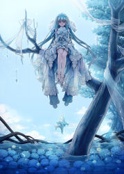  1girl blue_hair blue_sky blue_theme bouquet bow bride cloud day dress elbow_gloves floating_island flower full_body gloves hydrangea in_tree long_hair looking_at_viewer nishinomiya_sakuko original outdoors own_hands_together sitting sky tiara tree water wedding_dress white_bow white_dress white_gloves 
