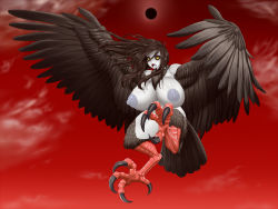 1girl ahegao8 black_sclera breasts colored_sclera colored_skin feathers flight green_eyes harpy highres huge_breasts monster_girl nipples odhiumfree open_mouth talons thick_thighs thighs white_skin wings  rating:Explicit score:30 user:aelphais