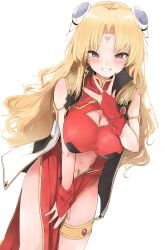  1girl armlet blonde_hair blush breasts cleavage cleavage_cutout clothing_cutout dress facial_mark fingernails forehead_mark galaxy_angel grey_eyes grin hairpods highres large_breasts long_hair looking_at_viewer nail_polish navel navel_cutout ranpha_franboise red_dress ripu_(lipi) simple_background smile solo stomach thighlet very_long_hair white_background 
