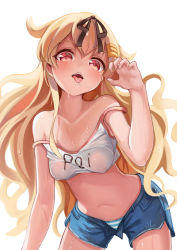 1girl all_fours bare_shoulders blonde_hair breasts chinese_commentary claw_pose commentary_request covered_erect_nipples crop_top from_below hair_flaps hair_ornament hair_ribbon hairclip highres kantai_collection long_hair midriff navel open_pants panties pants red_eyes ribbon short_shorts shorts simple_background small_breasts solo strap_slip striped_clothes striped_panties sweat tongue tongue_out underwear very_long_hair white_background wuhuo yuudachi_(kancolle) yuudachi_kai_ni_(kancolle) rating:Questionable score:30 user:danbooru