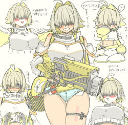  ! 1girl :3 ? ahoge bare_shoulders blonde_hair blue_eyes blush breasts clenched_teeth closed_mouth commentary_request cowboy_shot curvy dot_nose elegg_(nikke) exposed_pocket eyes_visible_through_hair facing_viewer gloves gluteal_fold goddess_of_victory:_nikke gun hair_intakes hair_over_eyes head_tilt highres holding holding_gun holding_weapon katakuriko626 large_breasts long_bangs long_sleeves looking_at_viewer medium_hair multicolored_hair multiple_views navel off_shoulder open_mouth outstretched_arms rayman_limbs shorts shoulder_blush simple_background smile speech_bubble spoken_question_mark standing suspender_shorts suspenders teeth thick_thighs thigh_gap thigh_strap thighs translation_request two-tone_hair upper_body weapon wide_hips yellow_gloves  rating:Sensitive score:12 user:danbooru