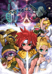  1990s_(style) 3boys 4girls arm_up armband armlet armor ayla_(chrono_trigger) bare_shoulders belt blonde_hair blue_eyes blue_hair cape choker chrono_(series) chrono_trigger crono_(chrono_trigger) dream_devourer dress earrings epoch everyone closed_eyes frog frog_(chrono_trigger) fur glasses green_eyes gun headband headset helmet highres jewelry katana krono_tokage kronosaurus lavos_(chrono_trigger) long_hair lucca_ashtear magus_(chrono_trigger) marle_(chrono_trigger) midriff multiple_boys multiple_girls muscular navel pale_skin pendant pointy_ears ponytail purple_hair red_hair retro_artstyle robo_(chrono_trigger) robot schala_zeal serious short_hair space spiked_hair square_enix sword weapon 