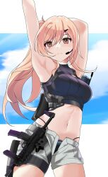  +_+ 1girl armpits arms_up black_panties black_skirt blonde_hair blue_sky brown_eyes chest_harness cloud cloudy_sky crop_top cropped_shirt earpiece floating_hair grey_shorts gun hair_between_eyes hair_ornament hairclip harness highres letterboxed light_blush light_frown long_hair maxwelzy midriff mole mole_under_eye navel open_fly original outside_border panties panty_straps ponytail pouch radio short_shorts shorts sidelocks skirt sky standing stretching submachine_gun swept_bangs thigh_pouch toned_female underwear weapon 