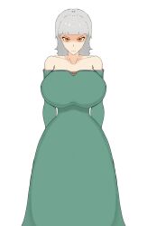  absurdres angry breasts dress female_focus grey_hair highres huge_breasts long_dress long_hair looking_at_viewer orange_eyes simple_background thick_thighs thighs wide_hips  rating:General score:3 user:AnuvisUR