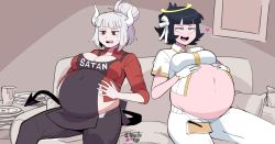 2girls angel apron azazel_(helltaker) big_belly black_apron black_hair black_legwear blue_eyes blush breasts bursting_belly couch demon_girl demon_horns demon_tail fat halo hands_on_belly heavy helltaker highres horns lucifer_(helltaker) medium_breasts multiple_girls naughty_face noodlemage notebook open_fly pain pants pen plump red_eyes red_shirt shirt sweatdrop tail teeth tight_clothes tight_pants tight_shirt weight_gain white_hair white_legwear white_shirt 