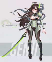 1girl absurdres arm_guards armor armored_boots b-anma bodysuit boots breasts brown_hair character_name cleavage cleavage_cutout clothing_cutout copyright_name eyebrows eyelashes full_body genderswap genderswap_(mtf) genji_(overwatch) greaves grey_ribbon hair_ornament hair_ribbon headgear high_heel_boots high_heels highres holding holding_sword holding_weapon katana knee_boots large_breasts long_hair overwatch overwatch_1 parted_lips pauldrons pink_lips power_armor red_eyes ribbed_bodysuit ribbon scabbard sheath shoulder_armor solo standing sword turtleneck unsheathed veil weapon rating:Sensitive score:14 user:danbooru