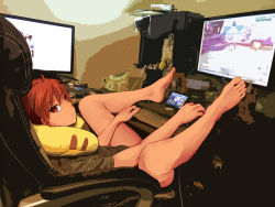  1boy bare_legs barefoot bottomless chair computer desk eisei_(pixiv257343) feet keyboard_(computer) legs legs_up male_focus monitor mouse_(computer) shota sitting solo tagme video_game  rating:Questionable score:75 user:kiaoianyez
