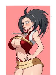  1girl artist_name bare_shoulders blush boku_no_hero_academia border breasts cleavage cleavage_cutout clothing_cutout cowboy_shot hand_on_own_hip high_ponytail highres hyper.rxgue large_breasts leotard looking_at_viewer open_mouth pink_background red_leotard solo teeth thighs upper_teeth_only white_border yaoyorozu_momo  rating:Sensitive score:11 user:opsiedaisies