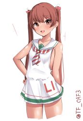  1girl :d bare_arms bare_shoulders blush breasts brown_eyes brown_hair collarbone commentary_request cropped_legs diagonal-striped_clothes diagonal-striped_neckerchief dress hair_between_eyes hand_on_own_hip highres kantai_collection libeccio_(kancolle) looking_at_viewer open_mouth sailor_collar sailor_dress simple_background sleeveless sleeveless_dress small_breasts smile solo striped_clothes tan tf_cafe twintails twitter_username white_background white_dress white_sailor_collar 