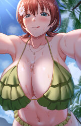  1girl bikini blue_eyes blush breasts brown_hair emma_verde flower freckles green_bikini hair_flower hair_ornament highres jewelry large_breasts looking_at_viewer love_live! love_live!_nijigasaki_high_school_idol_club mryk_demon necklace solo swimsuit tongue tongue_out wet white_flower 