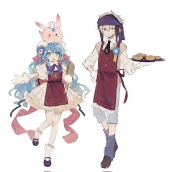  1boy 1girl animal animal_on_head apron bacheally black_footwear blue_eyes blue_flower blue_hair blush bow bowtie closed_mouth collared_shirt dress flower food frilled_dress frills full_body gloves grey_hair hair_between_eyes hair_flower hair_ornament hand_on_own_hip hat head_scarf hero_(merc_storia) high_collar highres holding holding_tray long_hair looking_at_viewer loose_socks mary_janes merc_(merc_storia) merc_storia necktie on_head open_mouth pants plaid plaid_dress puffy_short_sleeves puffy_sleeves purple_bow rabbit rabbit_on_head red_apron red_dress ribbon shirt shoes short_hair short_sleeves simple_background sketch sleeves_rolled_up smile socks standing standing_on_one_leg tray twintails very_long_hair white_background white_dress white_gloves white_hair white_shirt white_socks 
