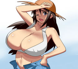  1girl breasts brown_hair cleavage female_focus gigantic_breasts groin hat highres hot long_hair navel no_panties one_eye_closed open_clothes open_mouth original purple_eyes simple_background solo standing sweat tamanegiya the_page_of_boobs upper_body wink 