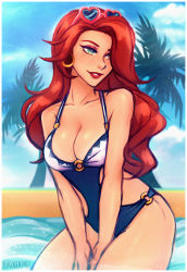 1girl alternate_costume arms_between_legs beach blue_eyes blue_one-piece_swimsuit breasts cleavage commentary day earrings english_commentary eyeshadow eyewear_on_head freckles heart heart-shaped_eyewear hoop_earrings iahfy jewelry league_of_legends lips lipstick long_hair makeup md5_mismatch medium_breasts o-ring o-ring_swimsuit ocean one-piece_swimsuit palm_tree pinup_(style) pool_party_miss_fortune red_hair miss_fortune_(league_of_legends) smile solo spaghetti_strap summer sunglasses swimsuit tree rating:Sensitive score:24 user:danbooru