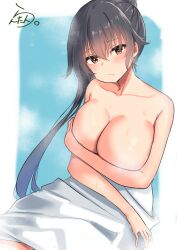  1girl absurdres artist_logo black_hair blue_background breasts brown_eyes collarbone highres kantai_collection lanthan large_breasts looking_at_viewer one-hour_drawing_challenge ponytail sitting solo steam topless towel towel_around_waist white_towel yahagi_(kancolle) 