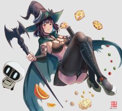  1girl absurdres ass black_hair black_thighhighs blue_hair blunt_bangs blush boots breasts cleavage colored_inner_hair cosplay dated eating eyeliner fake_horns fate/grand_order fate_(series) floating food fried_egg fruit full_body grey_background hardboiled_egg hat highres holding holding_food holding_staff horned_headwear horns iron_samurai knee_boots knees_up makeup medium_breasts midair multicolored_hair nail_polish orange_(fruit) short_hair smile staff tenochtitlan_(fate) thighhighs two-tone_hair unicorn_overlord witch witch_hat yahna_(cosplay) yahna_(unicorn_overlord) 