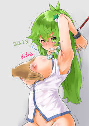 1boy 1girl ahoge armpits arms_behind_head arms_up bdsm blush bondage bouncing_breasts bound bound_arms breasts clenched_teeth collared_shirt convenient_censoring dated detached_sleeves drooling frog_hair_ornament green_eyes green_hair groping hair_ornament highres japanese_clothes kei_jiei kochiya_sanae large_breasts long_hair looking_at_viewer miko navel nipples nontraditional_miko one_eye_closed out-of-frame_censoring shirt skirt snake_hair_ornament tearing_up teeth thighs touhou white_shirt rating:Explicit score:21 user:danbooru