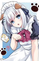  1girl :o animal_ears blue_eyes date_a_live dog_ears hair_ornament hairclip highres hoshibana_anima looking_at_viewer maid maid_headdress open_mouth paw_pose puffy_short_sleeves puffy_sleeves red_ribbon ribbon short_hair short_sleeves solo tobiichi_origami white_hair 