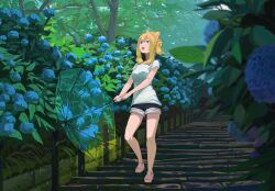 1girl absurdres after_rain blonde_hair blue_eyes blue_flower breasts chrysanthemum clenched_hands color_contrast day flower foliage full_body gochiwa highres holding holding_umbrella leaf looking_up medium_breasts medium_hair original outdoors outstretched_hand path pink_footwear road sandals scenery shirt short_ponytail shorts sidelocks solo standing three_quarter_view transparent transparent_umbrella tree umbrella water_drop white_shirt wide_ponytail 
