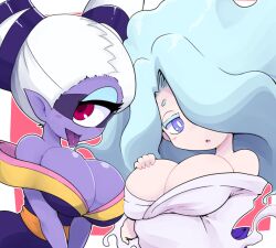  2girls aqua_hair bare_shoulders blush breasts cleavage colored_skin cyclops en&#039;enra enraenra_(youkai_watch) fuumin_(youkai_watch) hair_horns hair_over_one_eye japanese_clothes kimono large_breasts long_hair looking_at_viewer monster_girl multiple_girls nollety off_shoulder one-eyed open_mouth pink_eyes pointy_ears purple_eyes purple_skin tongue tongue_out traditional_youkai white_hair youkai_(youkai_watch) youkai_watch 