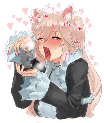 1girl ^^^ animal_ear_fluff animal_ears bad_id bad_pixiv_id black_dress blonde_hair blush cat_ears dress fingernails heart heart-shaped_pupils highres holding long_sleeves mouse_(animal) nail_polish nora_cat nora_cat_channel open_mouth pink_nails red_eyes saliva solo suisogenshi symbol-shaped_pupils tongue tongue_out two_side_up virtual_youtuber rating:Sensitive score:17 user:danbooru