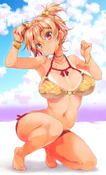  1girl ahoge alternate_hairstyle armpits barefoot bikini bikini_tan bracelet breasts cafe-chan_to_break_time clenched_hands cloud cloudy_sky collarbone day earrings hair_between_eyes halterneck hand_in_own_hair hands_up highres jewelry large_breasts light_brown_hair looking_at_viewer multicolored_hair navel necklace on_one_knee pink_hair porurin_(do-desho) print_bikini print_bikini_top red_eyes shadow sidelocks sky smile solo squatting streaked_hair swimsuit tan tanline tea_(cafe-chan_to_break_time) twintails wet 