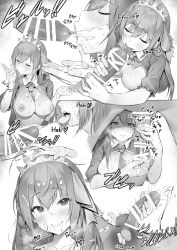  1boy 1girl :d absurdres bar_censor between_breasts blush breasts censored closed_mouth commentary crown cum cum_in_mouth cum_on_hair cum_on_tongue english_commentary erection closed_eyes facial fellatio femdom greyscale handjob head_tilt heart heart-shaped_pupils hetero highres kotoribako large_breasts large_penis licking licking_penis long_hair milking_handjob monochrome necktie necktie_between_breasts nipples open_mouth oral pecorine_(princess_connect!) penis princess_connect! projectile_cum prostate prostate_milking smile symbol-shaped_pupils textless_version tongue tongue_out  rating:Explicit score:128 user:danbooru