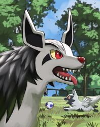  animal_focus ball colored_sclera commentary_request creatures_(company) day dog evolutionary_line fence game_freak gen_3_pokemon grass highres jira_(ziraiya26) mightyena nintendo no_humans open_mouth outdoors pokemon pokemon_(creature) red_eyes sharp_teeth sky soccer_ball teeth tongue tongue_out tree yellow_sclera 
