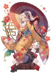  1girl aqua_eyes aqua_ribbon artist_request bokjumeoni branch breasts brown_footwear eye_print fang final_gear floral_background floral_print_kimono floral_print_sleeves flower full_body furisode furisode_sleeves gradient_hair hair_ribbon half_updo high_ponytail highres holding holding_umbrella japanese_clothes kagami_mochi kimono large_breasts leg_up light_blush long_sleeves looking_at_viewer multicolored_hair obi obiage official_art oil-paper_umbrella one_side_up parasol pink_flower red_bag red_flower red_sash ribbon sash shoe_belt shoe_soles simple_background skin_fang solo solveig_(final_gear) striped_ribbon tachi-e third-party_source transparent_background two-tone_hair two-tone_umbrella umbrella vertical-striped_sleeves white_flower white_hair wide_sleeves yellow_kimono yellow_sleeves yellow_tassel 