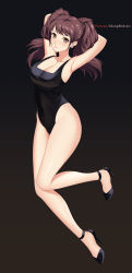 1girl absurdres armpits arms_behind_head arms_up artist_name bare_arms bare_hips bare_legs bare_shoulders black_footwear black_one-piece_swimsuit blush breasts brown_background brown_eyes brown_hair chungmechanic cleavage closed_mouth collarbone competition_swimsuit covered_navel earrings full_body gradient_background high_heels highleg highleg_swimsuit highres jewelry kujikawa_rise large_breasts long_hair looking_at_viewer one-piece_swimsuit persona persona_4 smile solo swimsuit twintails rating:Sensitive score:69 user:danbooru
