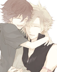  2boys age_difference arm_ribbon arms_around_neck arms_up bad_source bisuko black_vest blonde_hair brown_hair child closed_eyes cloud_strife denzel_(ff7) earrings final_fantasy final_fantasy_vii final_fantasy_vii_advent_children grey_shirt happy high_collar hug jewelry lifting_person male_focus multiple_boys open_mouth pink_ribbon ribbon shirt short_hair simple_background smile spiked_hair stud_earrings third-party_source upper_body vest white_background 