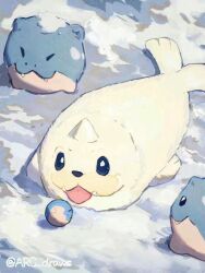  :3 animal_focus arc_draws black_eyes bright_pupils closed_mouth creatures_(company) day fangs fangs_out game_freak gen_1_pokemon gen_3_pokemon highres lying nintendo no_humans on_stomach outdoors pokemon pokemon_(creature) seel smile snow spheal tongue tongue_out white_pupils 