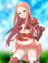 1girl armor cleft_of_venus clothes_lift final_fantasy final_fantasy_tactics_advance gauntlets green_eyes hair_ornament hairclip hou_(hachiyou) lens_flare no_panties pee peeing pink_hair pussy ritz_malheur skirt skirt_lift smile solo thighhighs uncensored rating:Explicit score:74 user:danbooru