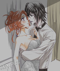 1boy 1girl alexa_pasztor alternate_hairstyle arms_around_waist arrancar artist_name bad_id bad_pixiv_id bare_shoulders black_hair black_lips black_necktie bleach blue_eyes blush breasts cleavage collarbone collared_shirt dress earrings eye_contact eyeliner eyeshadow face-to-face formal hair_up hetero imminent_kiss inoue_orihime jewelry large_breasts lipstick looking_at_another makeup neck necktie nervous open_mouth orange_hair pale_skin parted_lips purple_eyes shirt silver_dress strapless strapless_dress tumblr_username ulquiorra_cifer white_shirt  rating:Sensitive score:48 user:snasy