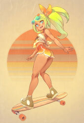  1girl absurdres bare_shoulders breasts crop_top dark-skinned_female dark_skin eyewear_on_head full_body green_eyes green_hair hair_ribbon halftone highres kneepits legs long_hair looking_at_viewer midriff open_mouth orange_shorts original ponytail ribbon shirt shoes shorts sidelocks skateboard skateboarding small_breasts sneakers solo sunglasses swept_bangs teeth thick_thighs thighs tied_shirt twisted_torso upper_teeth_only xaxaxa yellow_background 