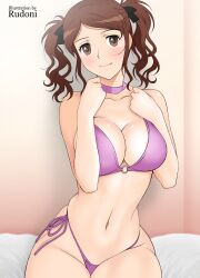  1girl amagami artist_name bikini breasts brown_eyes brown_hair choker cleavage commentary_request cowboy_shot highleg highleg_swimsuit highres large_breasts looking_at_viewer nakata_sae navel o-ring o-ring_bikini pink_bikini pink_choker rudoni side-tie_bikini_bottom sitting solo swimsuit twintails wavy_hair 