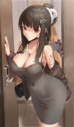  1girl absurdres airpods arm_tattoo bag barcode barcode_tattoo black_hair black_nails breast_tattoo breasts cleavage closed_mouth covered_navel curvy d_(killer_wife)_(nikke) d_(nikke) doorway dos_(ehgns007kr) dress goddess_of_victory:_nikke grey_dress hair_bun hair_ornament hairclip handbag highres large_breasts mask mask_pull mouth_mask nail_polish red_eyes smile solo spaghetti_strap strap_gap tattoo wireless_earphones 