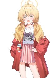  1girl absurdres ahoge blonde_hair blue_archive blush collarbone fang feet_out_of_frame hair_between_eyes halo highres jacket long_hair long_sleeves looking_at_viewer low_twintails official_alternate_costume olecafe2 pink_skirt pleated_skirt red_jacket shirt simple_background skin_fang skirt solo twintails white_background white_shirt yellow_eyes yellow_halo yoshimi_(band)_(blue_archive) yoshimi_(blue_archive) 