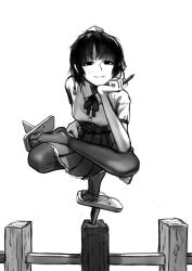 1girl balancing blue_ozetzf bow bowtie breasts collared_shirt crossed_legs dorsiflexion empty_eyes full_body geta greyscale hand_on_own_chin hat hat_tassel head_rest highres holding holding_pen light_smile looking_at_viewer medium_breasts monochrome pantyhose pen pleated_skirt shameimaru_aya shirt short_hair short_sleeves simple_background skirt smile solo tengu-geta tokin_hat touhou white_background