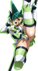  1girl absurdres adama0s0284 akatsuki_kirika blonde_hair blush breasts cameltoe covered_erect_nipples covered_navel flexible gloves green_eyes green_leotard green_thighhighs headgear highres impossible_clothes impossible_leotard leotard looking_at_viewer medium_breasts open_mouth pole_dancing saliva saliva_trail scythe senki_zesshou_symphogear shiny_clothes shiny_skin short_hair simple_background skindentation smile solo spread_legs striped_clothes striped_thighhighs sweat thighhighs tongue tongue_out undersuit 
