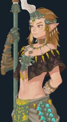  1boy arm_behind_back black_background blonde_hair blue_eyes closed_mouth earrings highres holding holding_weapon ivy_(sena0119) jewelry link long_hair navel nintendo pointy_ears simple_background skirt solo stomach the_legend_of_zelda the_legend_of_zelda:_tears_of_the_kingdom weapon 