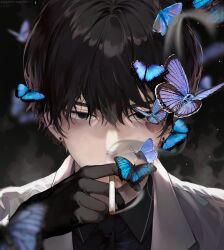  1boy black_eyes black_gloves black_hair blue_butterfly blurry bug butterfly cigarette collared_shirt commentary commission dark_background depth_of_field earrings english_commentary eyelashes gloves grey_jacket hair_between_eyes highres holding holding_cigarette insect jacket jewelry light_particles looking_at_viewer male_focus original portrait purple_butterfly qqubbell shirt short_hair signature smoke smoking solo 