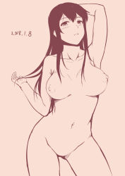 1girl akagi_(kancolle) arm_up black_hair blush breasts chaigidhiell contrapposto dated hand_in_own_hair highres kantai_collection kenzen long_hair looking_at_viewer monochrome navel nipples nude solo standing stomach rating:Questionable score:20 user:danbooru