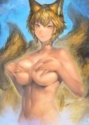 1girl animal_ears aritoki_ritsu blonde_hair blue_background breast_press breasts collarbone covering_privates covering_breasts cowboy_shot deep_skin fox_ears fox_tail gradient_background groin huge_breasts jpeg_artifacts lips looking_at_viewer multiple_tails navel nude out-of-frame_censoring short_hair solo tail touhou upper_body yakumo_ran yellow_eyes