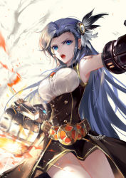  1girl armpits belt black_dress blue_eyes blue_hair breasts character_request dress earrings fangs feathers gauntlets hair_feathers hair_ornament hair_ribbon highres jewelry large_breasts long_hair looking_at_viewer maplestory open_mouth outstretched_arm punching ribbon solo vardan weapon white_ribbon 