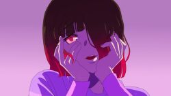  bete_noire brown_hair glitchtale one_eye_covered pink_background pink_eyes pink_hair pink_shirt purple_shirt shirt short_hair touching_own_face wearing_clothes  rating:General score:3 user:Montegago