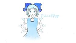  1girl angry arms_at_sides arms_at_the_waist blue_bow blue_dress blue_hair bow cirno collared_shirt dress facing_viewer ice ice_wings quality shirt touhou white_shirt wings  rating:Sensitive score:1 user:flleeppyy