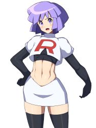  1boy absurdres black_thighhighs blush bugsy_(pokemon) clothes_writing commentary_request cosplay cowboy_shot creatures_(company) crop_top crossdressing elbow_gloves game_freak gloves groin gym_leader hand_on_own_hip highres jessie_(pokemon) jessie_(pokemon)_(cosplay) ko_ban98 looking_at_viewer male_focus midriff navel nintendo open_mouth pencil_skirt pokemon pokemon_(anime) pokemon_hgss purple_eyes purple_hair shirt short_hair short_sleeves sidelocks simple_background single_letter skindentation skirt solo standing team_rocket team_rocket_uniform thighhighs toned toned_male undershirt white_background white_shirt white_skirt zettai_ryouiki  rating:Sensitive score:33 user:danbooru