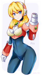  1girl alia_(mega_man) android arm_cannon armor blonde_hair blue_bodysuit blue_eyes bodysuit breasts character_name commentary_request cowboy_shot cropped_legs curvy gauntlets gloves gluteal_fold hair_between_eyes hand_up headset highres large_breasts long_hair looking_at_viewer mega_man_(series) mega_man_x_(series) pink_armor rasen_manga robot_ears sidelocks simple_background smile solo twitter_username weapon white_background white_gloves  rating:Sensitive score:36 user:danbooru