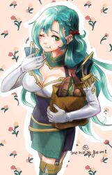  1girl ;) ;t aqua_hair armor bag bow breasts chloe_(fire_emblem) cleavage commentary_request cowboy_shot elbow_gloves fire_emblem fire_emblem_engage gloves green_eyes hair_bow holding holding_bag long_hair looking_at_viewer medium_breasts momongame_17 nintendo one_eye_closed paper_bag red_bow shoulder_armor smile solo standing thighhighs very_long_hair white_gloves zettai_ryouiki 